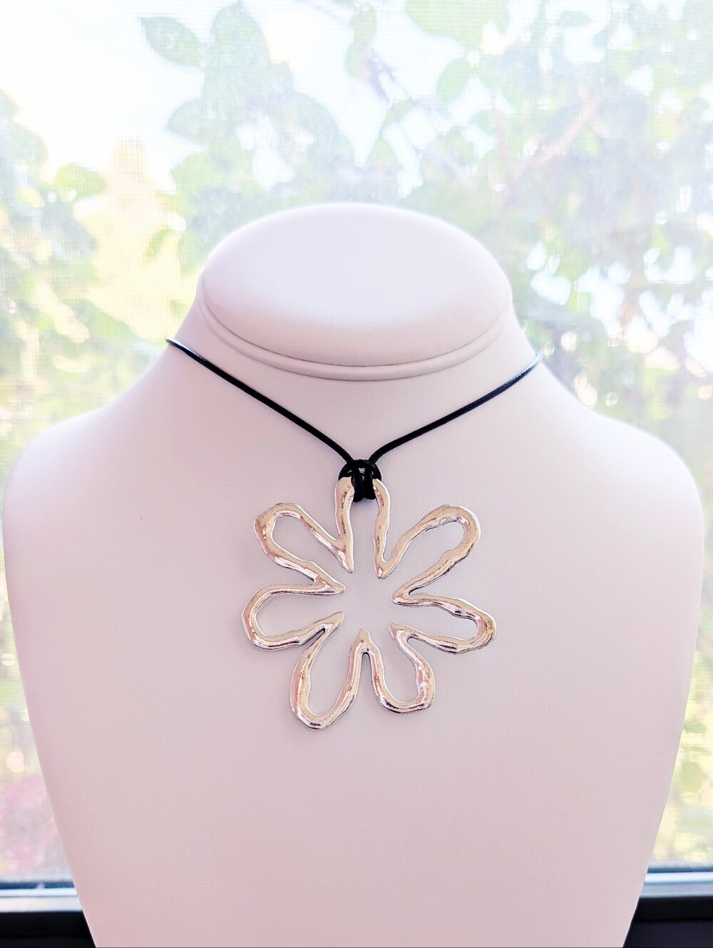 Handmade Silver Flower Pendant Necklace Black Cord Choker - Women Jewelry